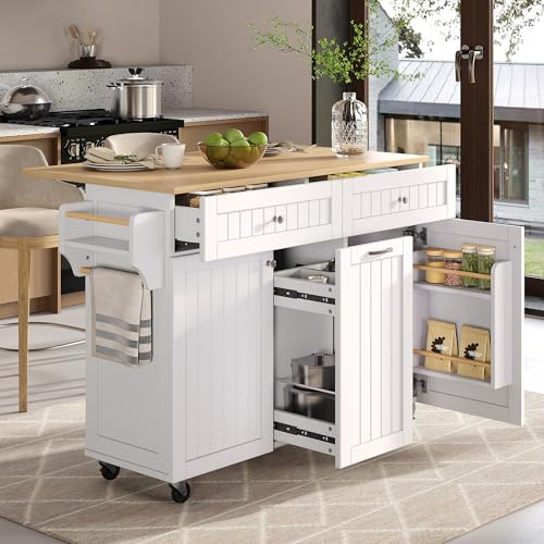 FammyLoft Kücheninsel mit Rollen, Mobile Küchenschrank mit Klappbarer Arbeitsplatte, Küchenkommode mit Multifunktionsschubladen und Abfallbehälterfach, Küchen Sideboard, für Esszimmer, 140cm, Weiß