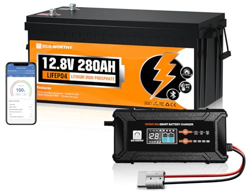 ECO-WORTHY 12V 280AH LiFePO4 Battery with 12V/24V 20A Smart Charger | 200A BMS, Bluetooth 5.1, low-temp cutoff (-7°C). 20A fast charge, BMS activation. For motorhomes, marine, solar