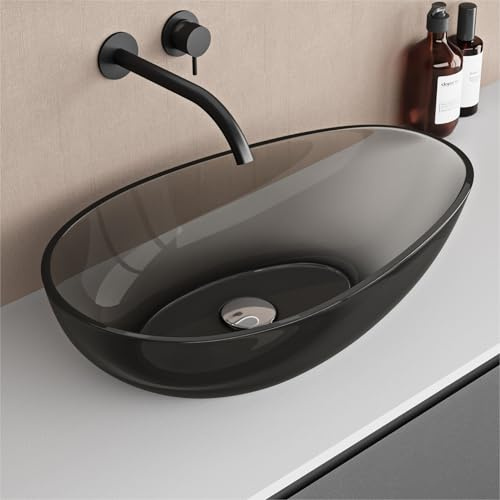 doporro Waschbecken Waschschale aus Harz, 60x36x14cm oval in Glasgrau | Handwaschbecken Aufsatzwaschbecken für Badezimmer und Gäste-WC, Leicht zu reinigen, Waschplatz ohne Armaturloch Coloria04