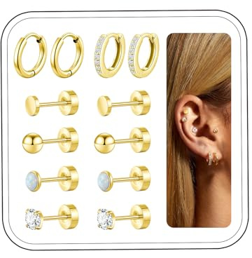 Ohrringe Gold Silber Set für Damen Hypoallergen Piercing Ohr Chirurgenstahl Zirkonia Ohrringe Creolen Medizinische Klein Flatback Ohrstecker Helix Tragus Piercing Mädchen Modeschmuck 6 Paar