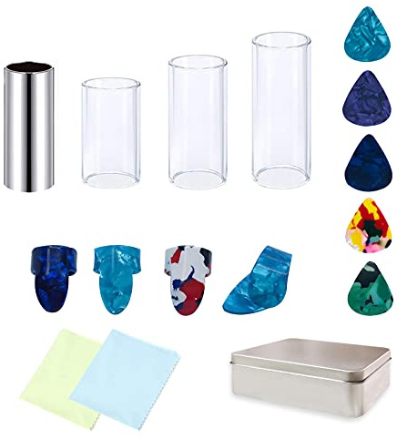 Fangulu 13PCS Guitar Slide Set, Stainless Steel Slide×1PCS, Glass Slide×3PCS, Guitar Picks×5PCS, Finger Picks×4PCS