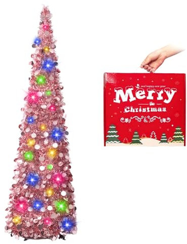 N&T NIETING Collapsible Pop Up Christmas Tree, 5ft/1.5m Rose Gold Tinsel Coastal Tree for Holiday Xmas Decorations, Home & Office Display