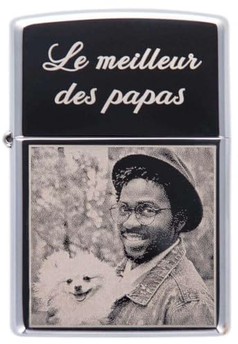 Briquet personnalisé créé à l’Aide d’Un Zip-po gravé – Votre Photo et/ou Texte gravé sur ce Briquet tempête argenté chromé High Polish