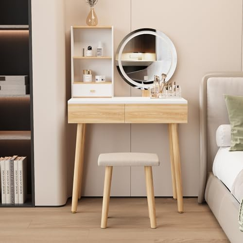 YU YUSING Schminktisch mit LED-Beleuchtung Spiegel, Schminktisch mit Stuhl 3 Schubladen 2 Ablagen, Frisiertisch Kosmetiktisch, Einstellbarer Helligkeit, Frisierkommode Make Up Dressing Vanity