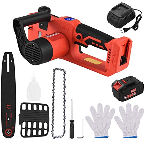 Mini motosierra, Motosierra inalámbrica sin escobillas de 21V, motosierra eléctrica de 12 pulgadas, sierra de poda manual, podadora de ramas recargable de 4,0 Ah, tijeras de podar para ramas de árbole