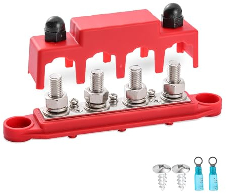 Blocco di Distribuzione dell'alimentazione 12V-48V DC Busbar 250A，Morsettiere Barra Collettrice con 4 x M8 Terminale a Bolts per Auto Camion Barca (Rosso)