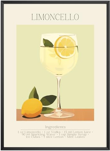 MJ-GRAPHICS® Poster Limoncello Bilder Küche Bild A2 Küchenbilder Deko Wohnzimmer Poster Küchen Bilder Küche Deko Bilder Zitrone Poster Küche Wand Retro Poster Cocktail Küchenposter - ohne Rahmen