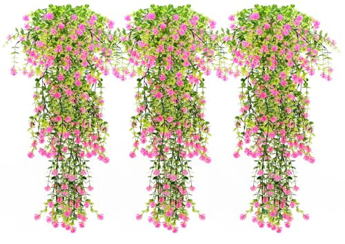 VEGCOO 3 Pcs Artificial Hanging Flowers, UV-Resistant Fake Hanging Plants Flowers Bouquet Faux Vine Plants for Wall Home Garden Yard Patio Wedding Indoor Outdoor Decoration (Rose Red)