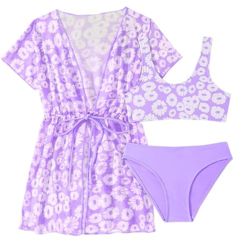 Kelandoom Enfant Fille Maillot De Bain 3 Pièces Short De Bain pour Enfants Maillot De Bain Fille 6 Ans À Manches Courtes Protection UV Maillot De Bain 3 Pièces pour L'Été 3-10 Ans