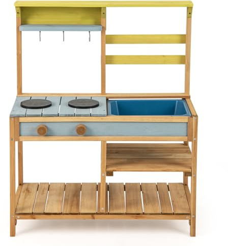 DREAMADE Matschküche Kinder Outdoor, Spielküche Kinderküche mit abnehmbarem Waschbecken & Herd, Gartenküche Outdoorküche aus Tannenholz für Kinder ab 3 Jahren (Natur)