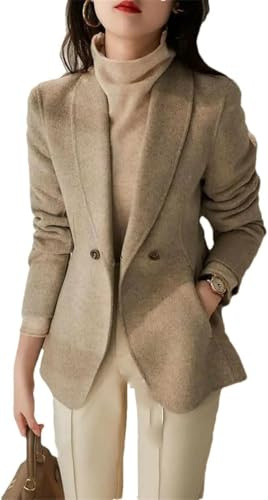 Blazer de Mezcla de Lana con Solapa para Mujer Primavera y otoño Cálido Ligero Negocios Casual Moda Blazer Retro Elegante Blazer Formal (Camello,XL)