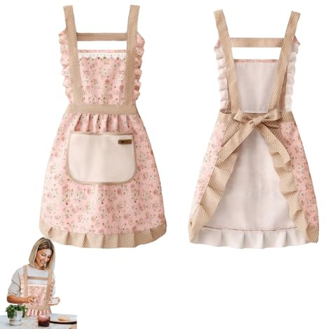 ExcellaElite Aprons for Cooking Adjustable Kitchen Aprons for Women Baking Canvas Apron Vintage Floral Aprons Cooking Apron with Hand Wipe and Pocket for Cooking BBQ Baking Gardening (Pink)