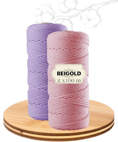 BEIGOLD® Premium makramégarn (3 mm x 100 m) – set om 2 rosa + lila/syren