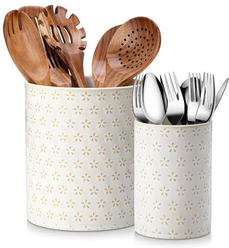 MALACASA LYDIA Ceramic Utensil Holders, 7.3+5.5 Kitchen Utensil Crock Set for Countertop, Large & Small Utensil Organizers for Cooking Tools, Five-Leaf Grass Pattern