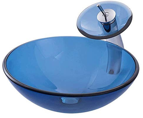 MYUYEE Lavabo de encimera de Vidrio Templado de 42 cm de diámetro para Hotel Estilo artístico para bistró al Aire Libre. Lavabo de encimera de Vidrio Templado de 42,