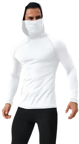 Chemise de protection solaire pour homme avec masque – Indice UPF 50+, rashguard UV à manches longues, design léger à capuche, idéal pour la pêche et la randonnée, 1C-Blanc, M