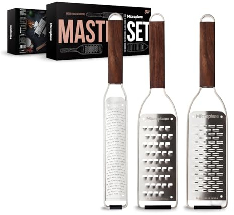 Microplane Master Series 3-delat rivjärn set – premium zester, band och extra grova rivjärn | ultraskarpa blad i rostfritt stål | valnötshandtag | tillverkade i USA | professionella köksverktyg