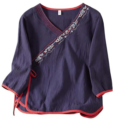 Maglietta Oversize a Camicia Donna Lino Cotone a Manica Corte Camicetta Elegante con Ricamo Cotone Blusa Magliette Scollo a V T Shirt Abbigliamento per L'Estate Camicetta alla Moda da Spiaggia