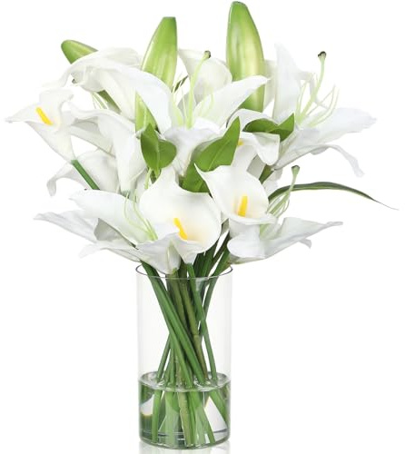 Singhoow 15.74 Inch Artificial Calla Lily Lily Flowers White Fake Flowers Green Bud with Faux Water Realistic Touch for Mother's Day Dining Room Centerpiece Table Wedding Spring Decor