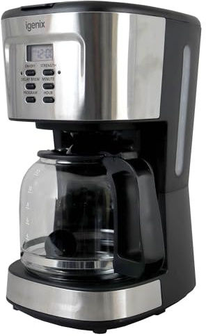 Igenix 1.5L Coffee Maker, 900W, LCD Display, 24 Hour Programmable Timer, Delay Brew, Keep Warm, Anti-Drip, Dishwasher Safe Glass Carafe, Stainless Steel, IGCM01250SS