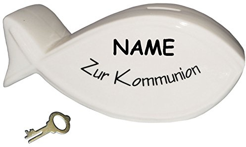 alles-meine.de GmbH Spardose - Zur Kommunion - incl. Name - mit Schlüssel & Schloss - weiß - stabile Sparbüchse aus Porzellan/Keramik - Sparschwein - ideal zum Bemalen & Be..