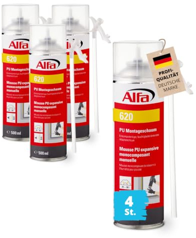 4x Alfa Adapterschaum 0,5 l – Montageschaum zum Abdichten & Isolieren (2 l) | Profi-Qualität - Einkomponentiger Bauschaum inkl. Röhrchen zur Montage von Fenstern & Fugen – feuchtigkeitshärtend