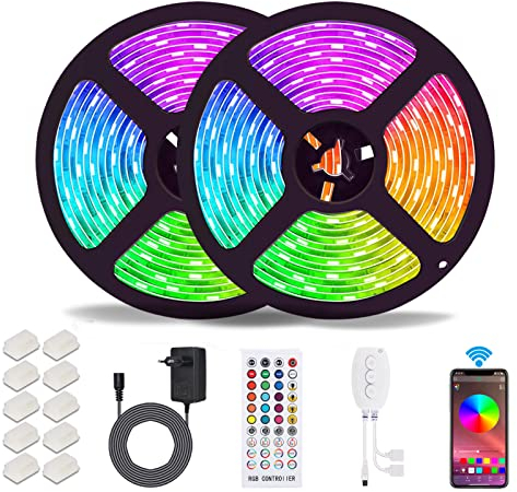 Bluetooth LED Streifen, ALED LIGHT 10M (2x5m) 32,8Ft Wasserdicht RGB 5050 LED Stripes mit Smart Bluetooth Kontroller+40Tasten Fernbedienung+ 12V Netzteil für Haus, Garten, Dekoration