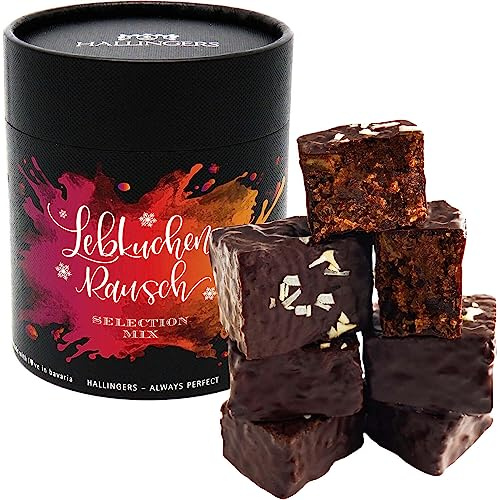Hallingers Genuss Manufaktur Lebkuchen-Rausch Weihnachts-Geschenk - Mix 6 saftige Lebkuchen-Würfel mit Alkohol handmade in edler Geschenk-Dose Selection, Weihnachten für Frauen Männer