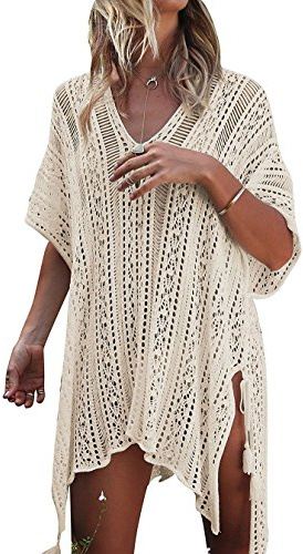YULOONG femmes maillot de bain couverture up bohême Sarong Sexy col en V plage Bikini maillots de bain Crochet robe taille unique Beige