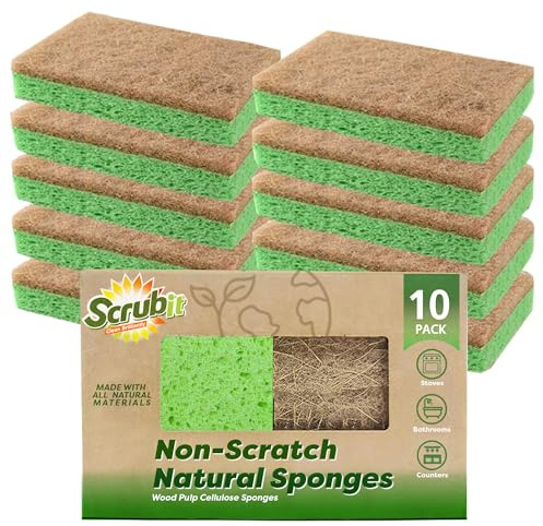 SCRUBIT Natural Sponges - 10 Pack Biodegradable Compostable Cellulose and Coconut Natural Sponges for Dishes, Eco Friendly Non Toxic Kitchen Sponge