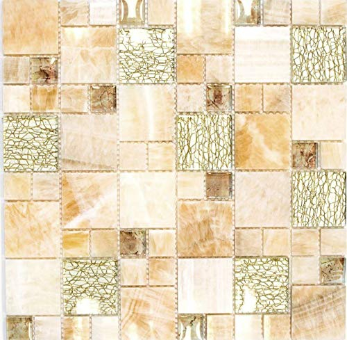 Mosaik Fliese bernstein gold Kombination Glasmosaik Crystal Stein Onyx für WAND BAD DUSCHE KÜCHE FLIESENSPIEGEL THEKENVERKLEIDUNG BADEWANNENVERKLEIDUNG Mosaikmatte Mosaikplatte | 10 Mosaikmatten