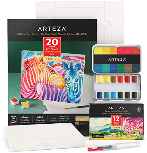 Arteza Aquarell Set, Aquarellfarben Set mit faltbarem Leinwandblock, Künstler Malset für Erwachene und Kinder
