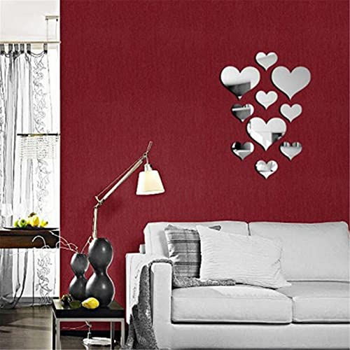 RAILONCH 10 Stücke Kristall Herz Spiegel Wandaufkleber, 3D Selbstklebend Acryl Wandtattoos, Spiegel Wand Aufkleber für Badezimmer, TV Hintergrund, Wohnzimmer (Silber)