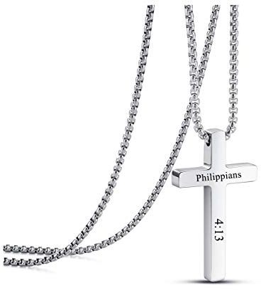 PiercingJak Kreuz Kette mit Gravur Edelstahl Kreuz Anhänger Halskette Christlich Religiöse Gebet Minimalist Schmuck Personalisierte Geschenke für Damen Herren, Silber/Schwarz