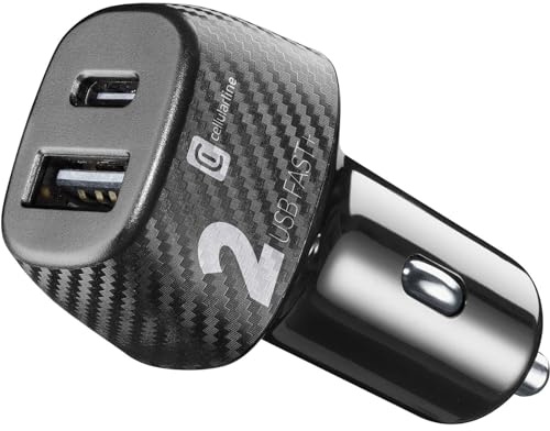Cellularline - Caricabatterie da Auto per Accendisigari 12/24V con Presa USB-C e USB con 32 Watt di Potenza in Ricarica Rapida - iPhone, Samsung, Huawei And Other Smartphones And Tablets