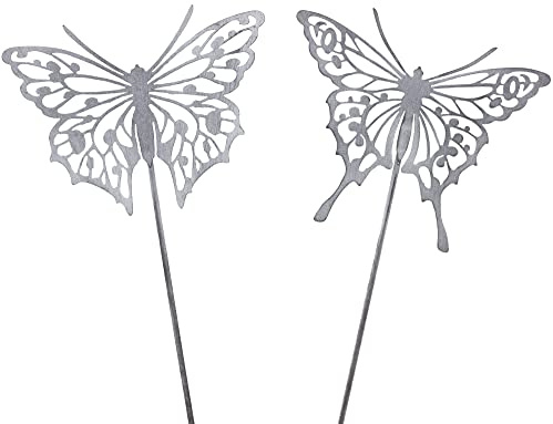 Metall Stecker Schmetterling grau edel Gartenstecker Tierfigur Blumenstecker Gartendeko H=77 cm 2er Set
