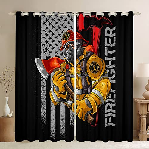 feelingyou Tenda da finestra dei vigili del fuoco, stampa bandiera americana, regalo per bambini, in microfibra leggera di poliestere per camera da letto, soggiorno, 66 x 90 l