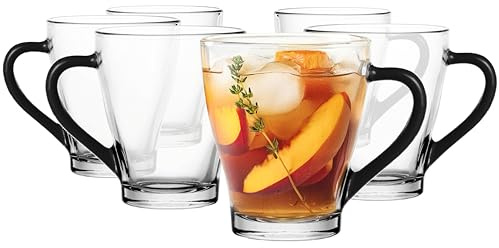Glasmark KROSNO, 220ml, Set von 6, Gläser set, Trinkgläser aus Glas mit Henkel, farbiges Ohr, Trink-Glas, Tasse, Glasbecher mit Hörer, Spülmaschinenfest, Schwarz