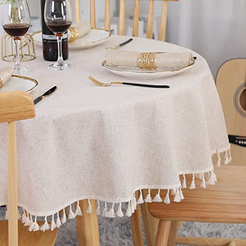 SUCHDECO Beige rund bordsduk 120 cm linne bordsduk bomullsbordsskydd tvättbara dammsäkra bordsdukar med tofsar för kök, matsal, fest, soffbord