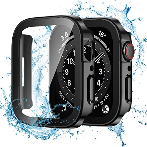 Dirrelo 2 Stück Schutzhülle für Apple Watch Series SE/6/5/4 44mm Hülle mit Panzerglas Displayschutz, Wasserdicht Hart PC Flache Kante Case, Hochempfindliche Schutzfolie für iWatch, 2Schwarz