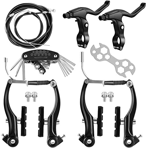 Hmseng V-Type Bike Brake Set, Complete Universal Bike Front and Rear MTB Brake, Bicycle Brakes, Inner and Outer Cables, Include Brakes Lever Calipers Multi-Tool Wrenches-Black
