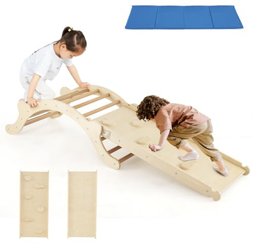 DREAMADE 3-in-1 Klettergerüst Indoor mit umkehrbarer Rampe zum Klettern & Rutschen, Kletterbogen mit Rutsche und weicher Matte, Klettergerät, Kletterdreieck für Kinderzimmer (Natur)