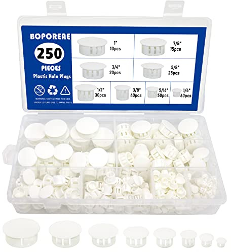 BOPOREAE 250 PCS 8 Sizes Nylon Plastic Hole Plugs White 1/4, 5/16, 3/8, 1/2, 5/8, 3/4, 7/8, 1 Inch Round Hole, Flush Type Panel Knockout Locking Plugs, Furniture Cabinet Pipe Insert End Covers Caps