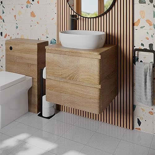 Affine® 600mm Vanity Unit Bathroom Wall Mounted Storage Cabinet Cupboard Cloakroom, Soft Close Drawers, St Tropez White Countertop Basin Sink, Oak Effect