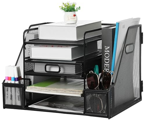 Vikmyer Papierablage Organizer mit Netz Dateihalter, 5-stufige Schreibtischaccessoires und Arbeitsplatz Organizer für Büromaterialien