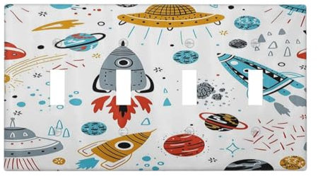 Cartoon Space Rocket Boys Universe Planet Quad Toggle Light Switch Covers Decorative Unique 4 Gang Wall Plate Electrical Faceplate Switchplate for Nursery Kidroom Bedroom Bathroom Decor