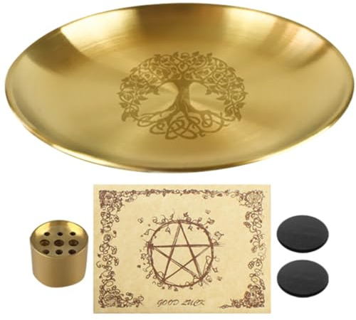 Sosoport Baum des Lebens Räucherstäbchenhalter Platte Messing Räucherstäbchenhalter Brenner Mit Tablett Pergamentpapierbögen Kleine Magnete Für Meditation Yoga Aromatherapie