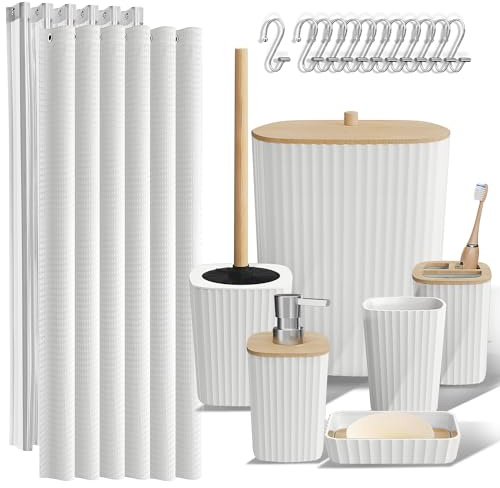 Clara Clark Bathroom Accessories Set - Bathroom Set, Bathroom Accessory Set, Shower Curtain Set, Toilet Brush, Trash Can & Soap Dispenser - White - 20PC