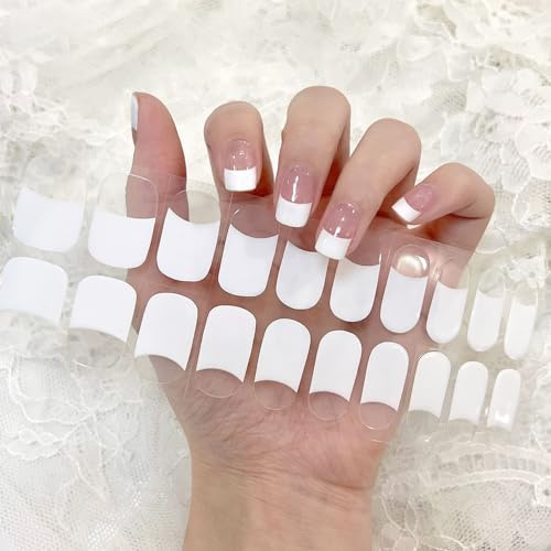 22 Stück halbgehärtete Gel-Nagelstreifen, selbstklebend, vollständig verpackt, Nagelaufkleber, Salon-Qualität, natürliche Gel-Nagelaufkleber, französische weiße Spitze, Maniküre, Nagelkunst-Aufkleber