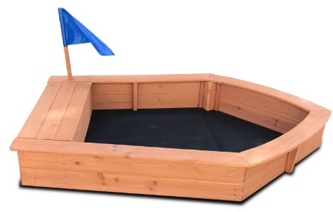 Rijoka Sandkasten aus Holz Boot – Inkl. Bodenplane – Sitzbank mit Ablagefach – 1600x1150x220mm